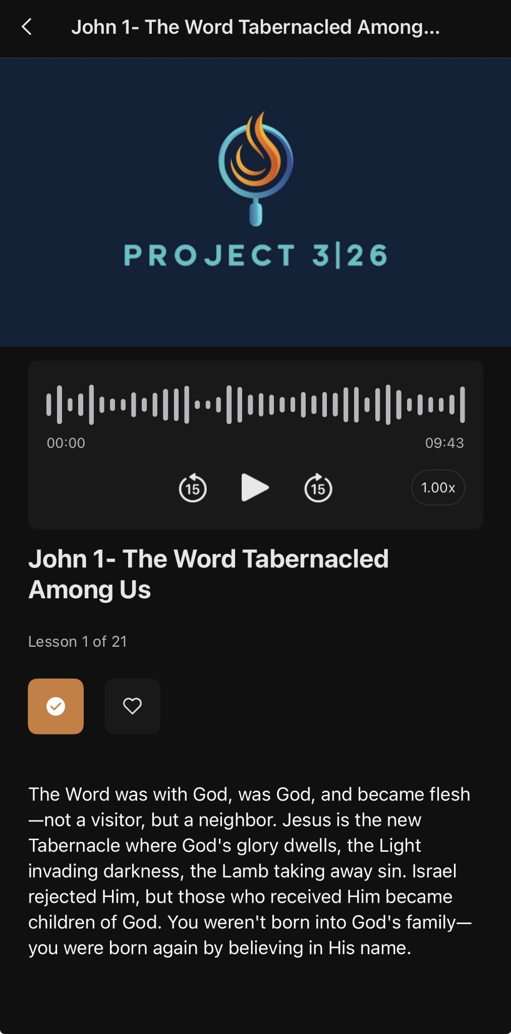 Project 3|26 John 1 study screen with daily audio teaching, lesson progress, and chapter overview.