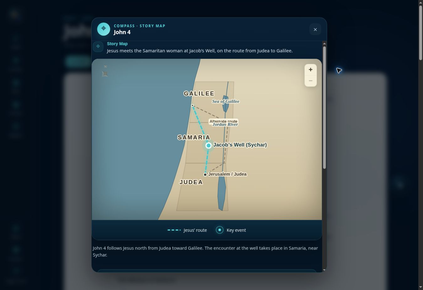 Compass Story Map showing Jesus’ route through Samaria in John 4